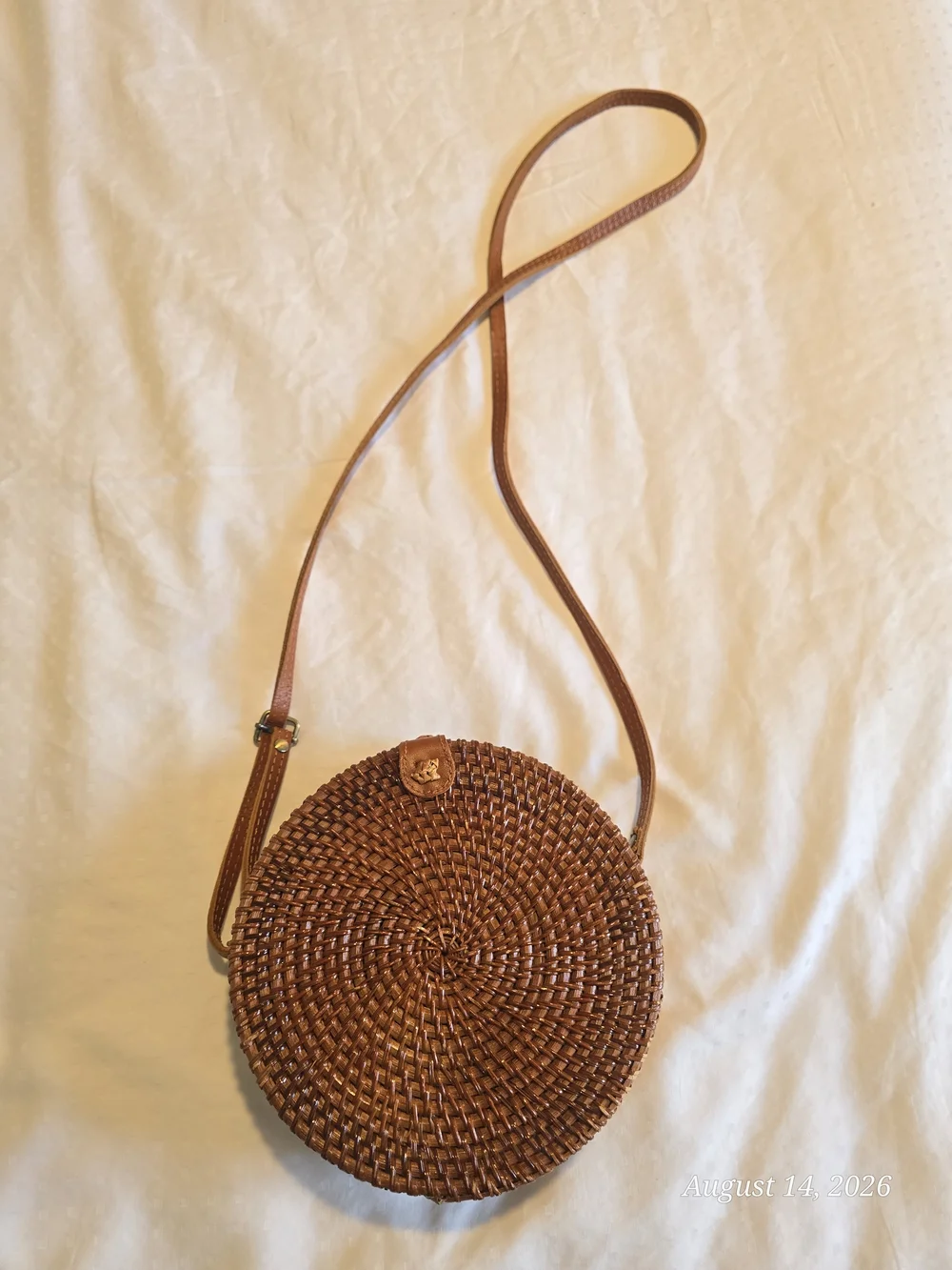 Round Bali Woven Rattan Brown Crossbody Bag with Floral Lining